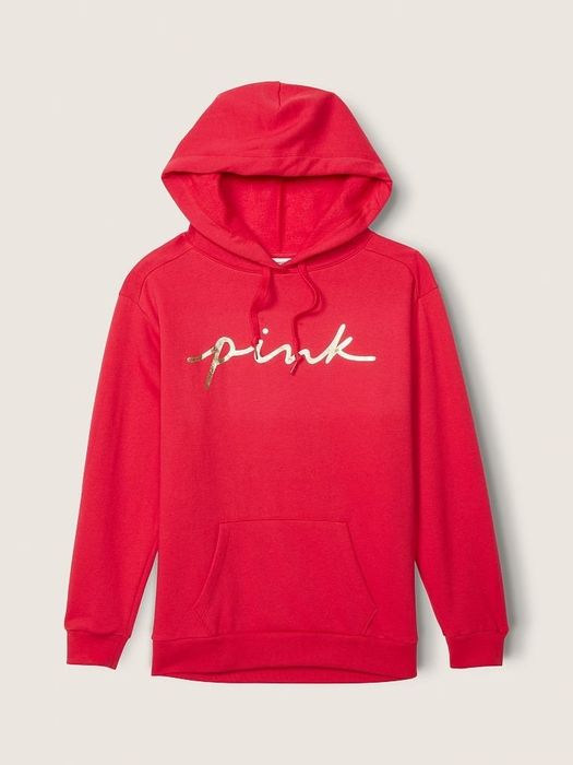 the hoodie in red with elegant gold script that says