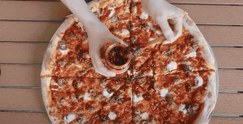 A GIF showing the sauce being drizzled over a variety of dishes, including pizza, noodles, and eggs