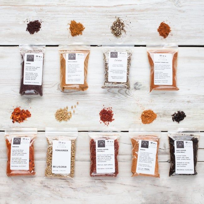 The spices in their packaging