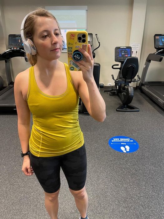 A reviewer modeling the shirt