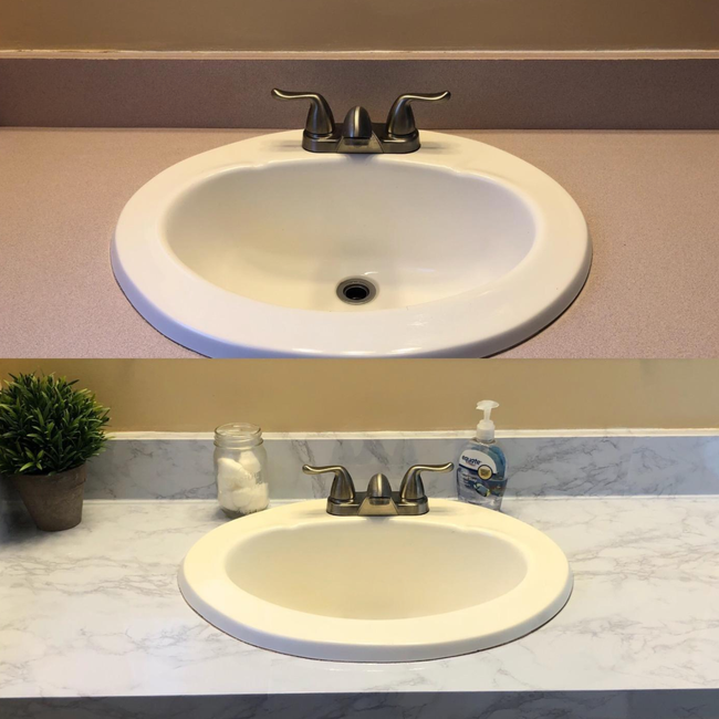 a before-and-after photo of a reviewer’s bathroom counter, showcasing the transformation with the surface cover