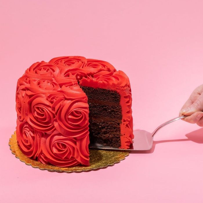 A chocolate cake adorned with delicate red roses piped across its surface