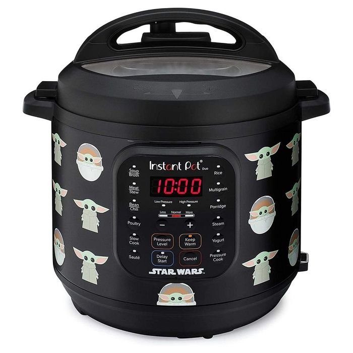 a black Instant Pot decorated with Baby Yoda all over it