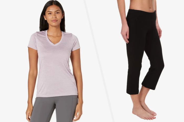 A model sports a purple v-neck athletic top paired with gray leggings, showcasing a casual yet stylish look, complemented by black capri leggings and no footwear.
