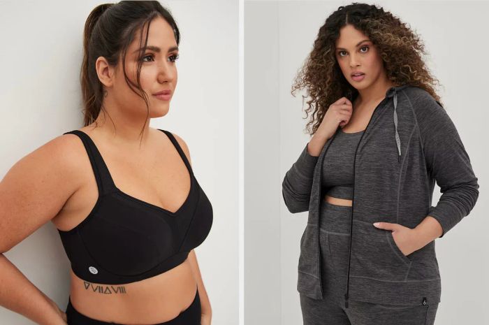 A model wearing a black sweetheart neckline sports bra, alongside another model in a heather gray and black matching sweatsuit paired with a coordinating sports bra.