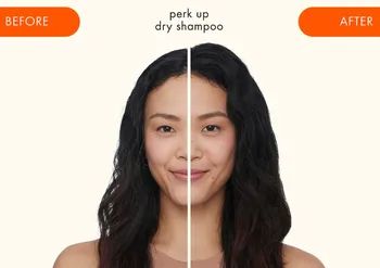 a model showcasing the results before and after using the dry shampoo