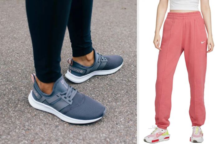 A model is seen wearing navy blue running sneakers with blue leggings on a pavement, while another model sports coral sweatpants with white sneakers and a white top.