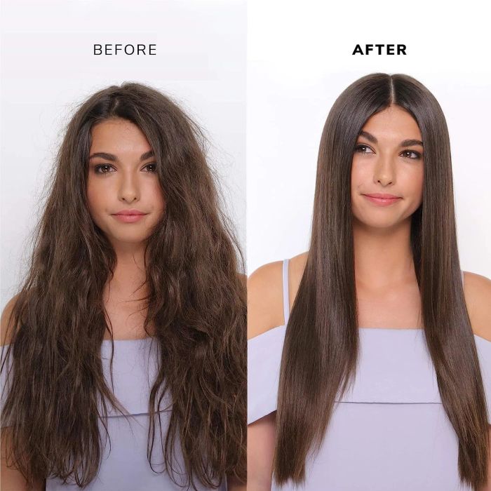 a model's before and after results using the Color Wow supernatural spray