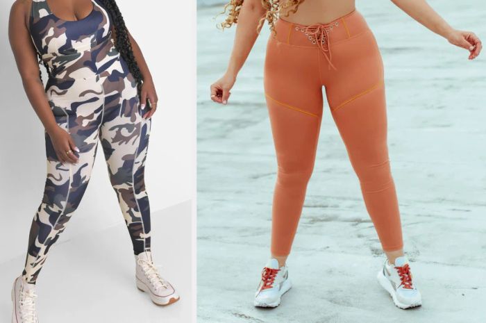 A model sporting a camouflage halter athletic jumpsuit with tennis shoes, and another model wearing lace-up brown leggings paired with white sneakers.