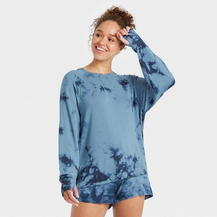 Model wearing the antique blue soft lightweight sweatshirt