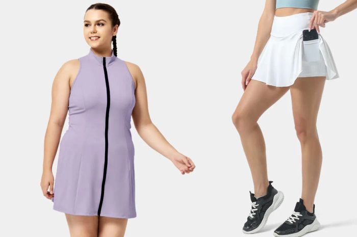 A model elegantly wears a purple tennis dress featuring a bold stripe down the center, paired with a practical white tennis skirt that includes a hidden pocket.
