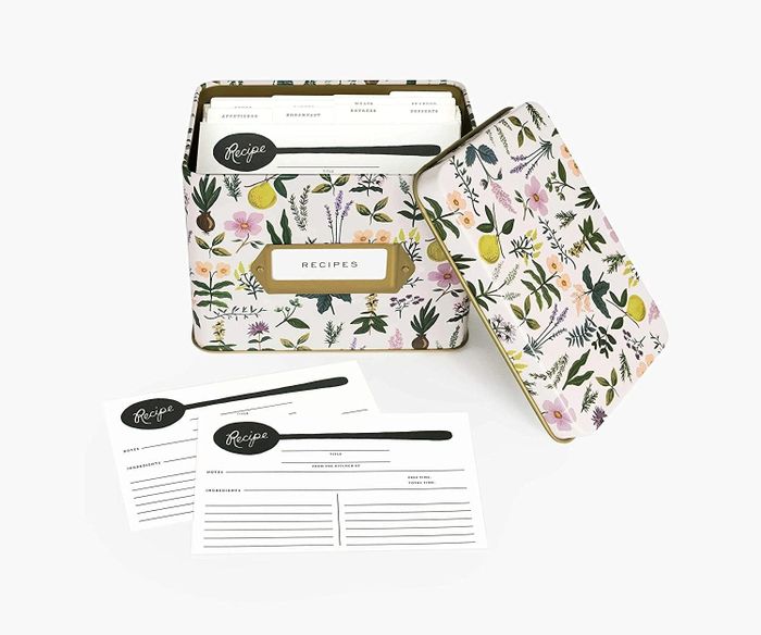 the light pink recipe box adorned with delicate florals and accompanied by two recipe cards