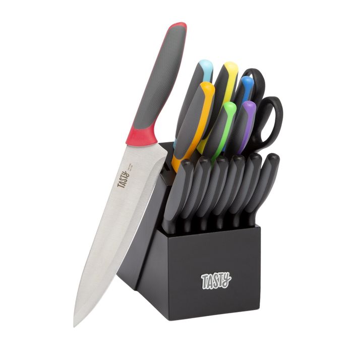 the knife set with the black knife block