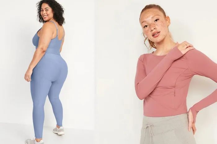 A model showcasing a lilac sports bra and matching leggings, alongside another model wearing a coral long-sleeve active top paired with tan pants.