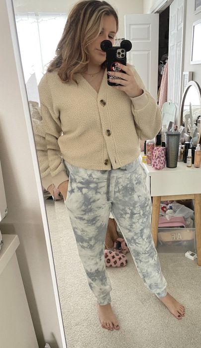 Ali Faccenda modeling softwear lounge pants in grey tie dye