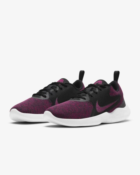 Purple and black sneakers placed side by side on a white background.