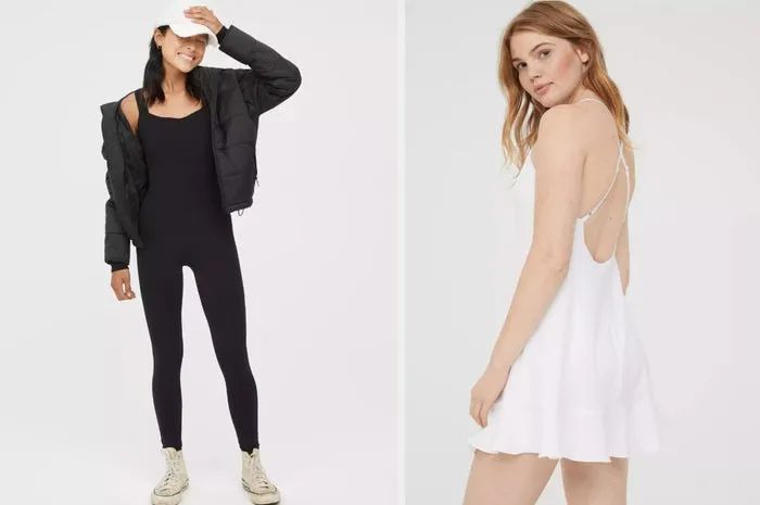 A model sporting a black athletic jumpsuit paired with a black puffer jacket and a white hat, alongside another model wearing a white sleeveless ruffle athletic dress.