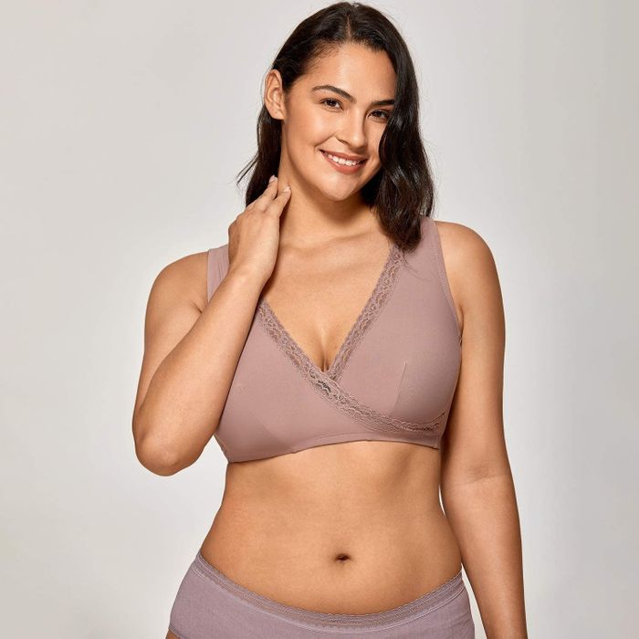 A model showcasing a light purple bralette