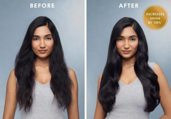 a before-and-after comparison of a model using the hair treatment