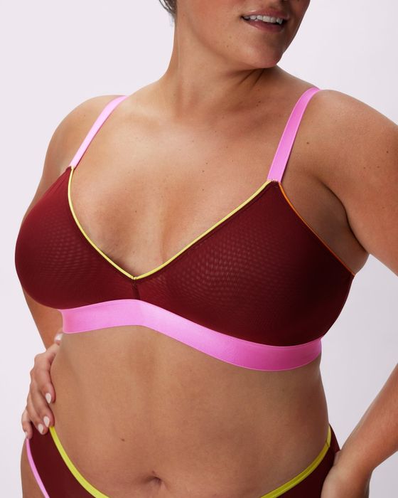 A model showcases a chic bra featuring pink straps and intricate details. This lingerie piece is engineered for both comfort and support, making it ideal for a shopping-focused feature.