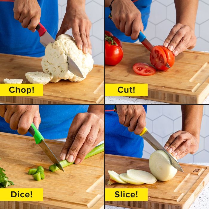 four images displaying the various uses of the different knives