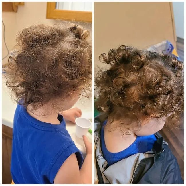 Two side-by-side photos of a toddler with curly hair, showing the transformation before and after using the curl spray