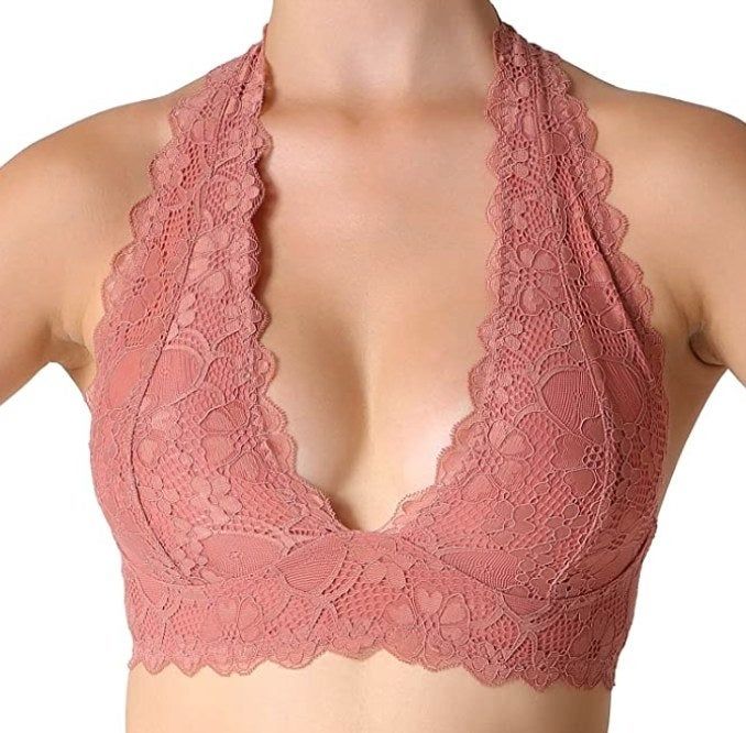 A model is pictured in a pink bralette