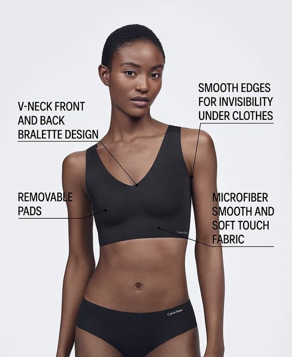 Front view of a model wearing a black V-neck bralette