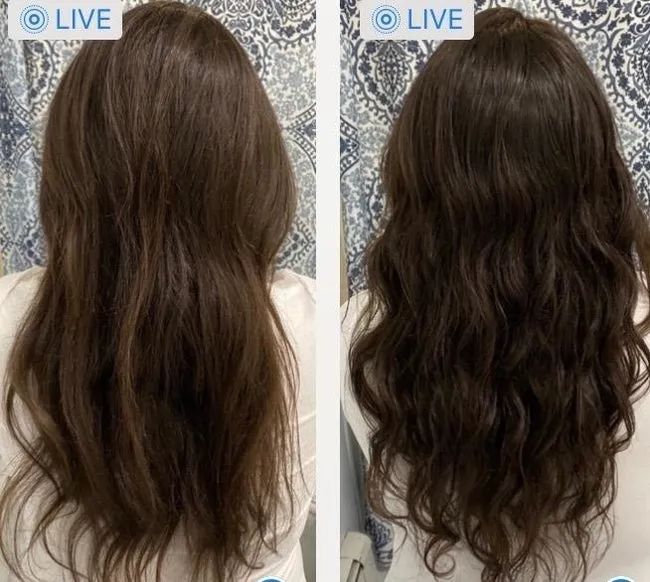 a reviewer's hair with subtle highlights compared to the after photo, where their hair appears a richer, darker brown