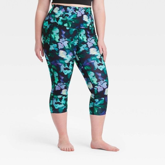 Model wearing the mint leaf/floral ultra-high rise capri leggings
