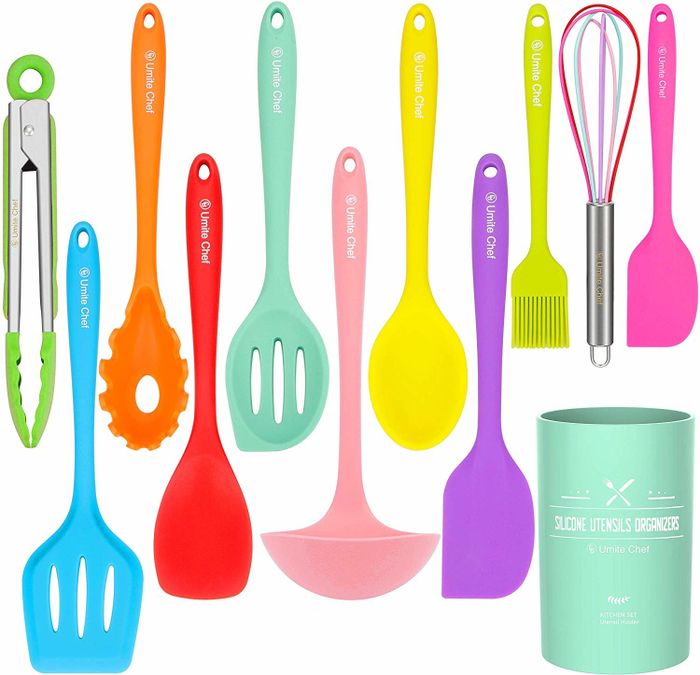the assortment of colorful cooking utensils
