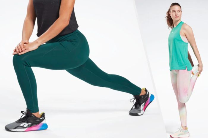 A model performing a lunge in teal leggings paired with a black athletic tank top, and another model stretching in a turquoise tank top with vibrant tie-dye leggings.