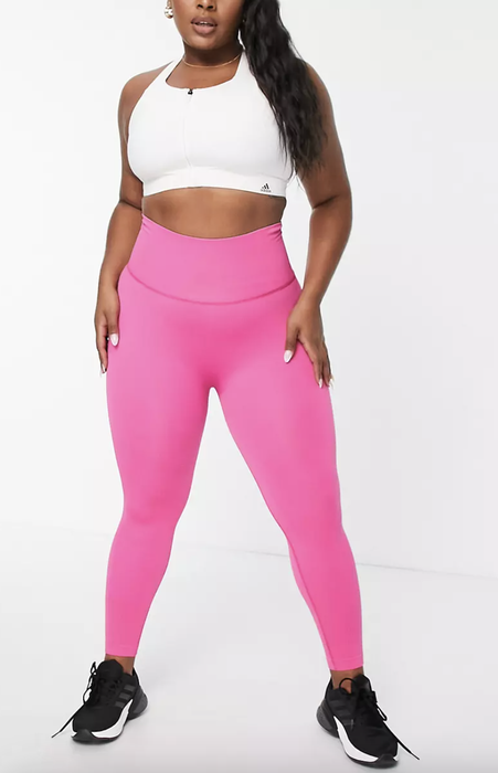 front view of model wearing the pink leggings
