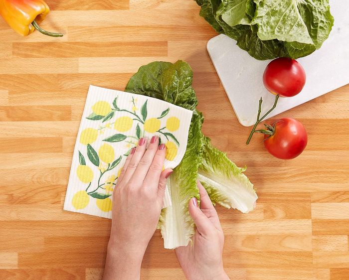 A model showcasing dish cloths adorned with lemon prints for drying purposes