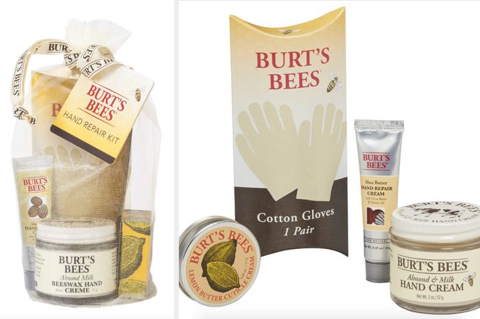 Burt's Bees hand care products, accompanied by cotton gloves and hand cream, available for purchase.
