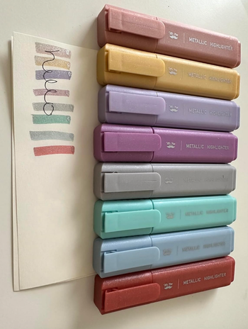 Assorted metallic highlighters with color samples on a white background, perfect for shopping for stationery
