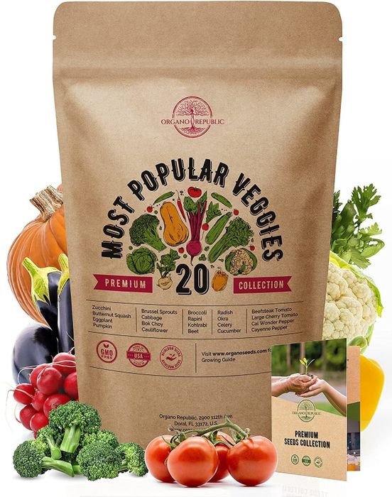 The bag containing the assortment of vegetable seeds, neatly packaged.