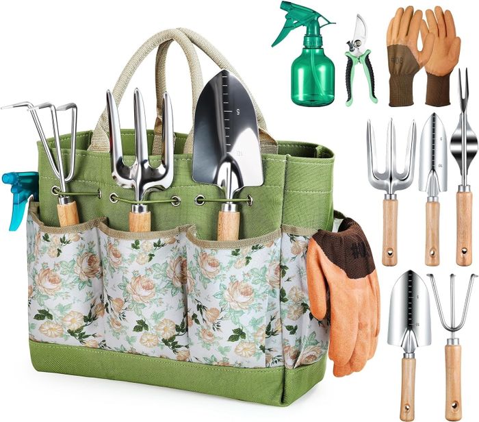 A complete gardening tool set with a floral tote, gloves, spray bottle, and various essential tools for gardening lovers