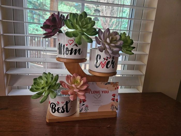 Three decorative pots with potted succulents, labeled 'Mom,' 'Love,' and 'Best,' placed behind a 'LOVE YOU' sign