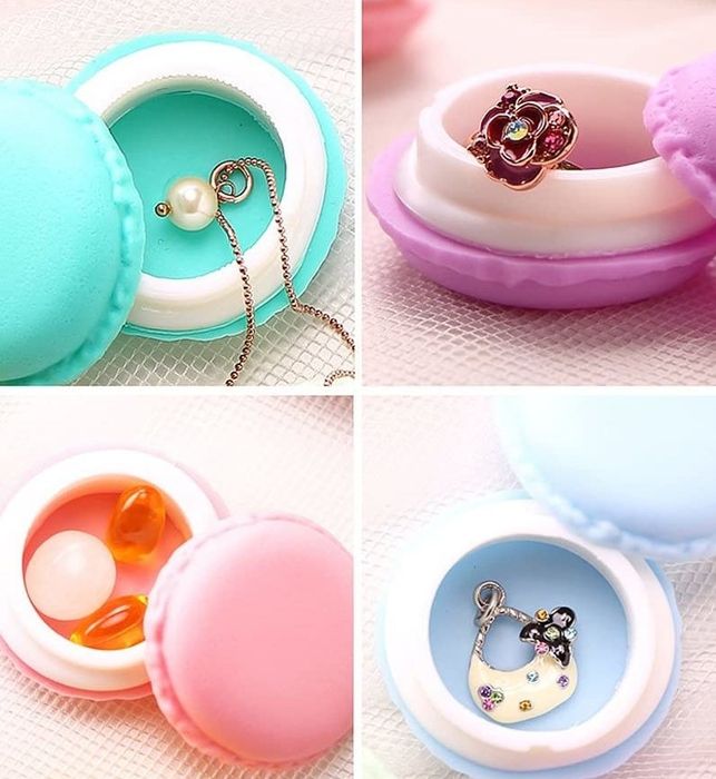 Mini macaron boxes filled with pills and jewelry