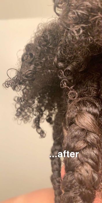 An after image of the same reviewer’s hair, now moisturized with well-defined curls