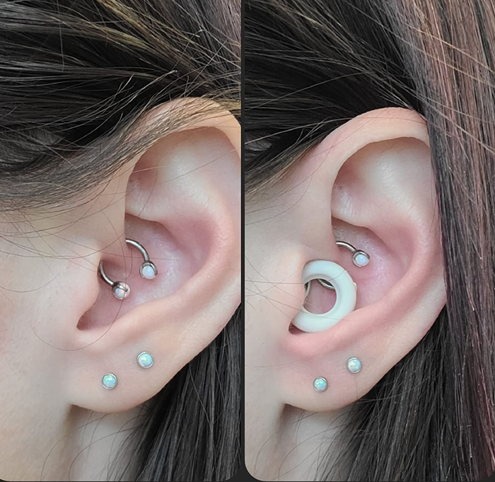 Side-by-side images of the reviewer's pierced ear, first with and then without a white earplug inserted.