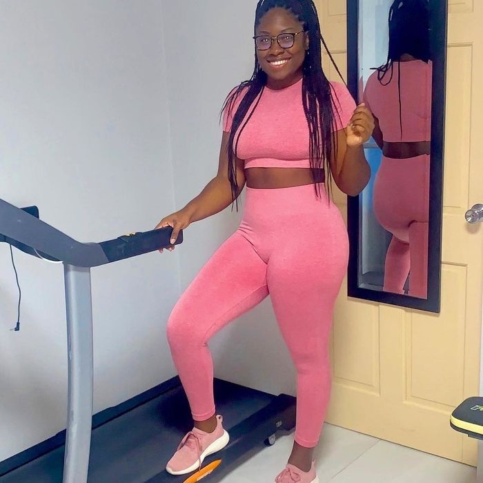 reviewer wearing the pink set