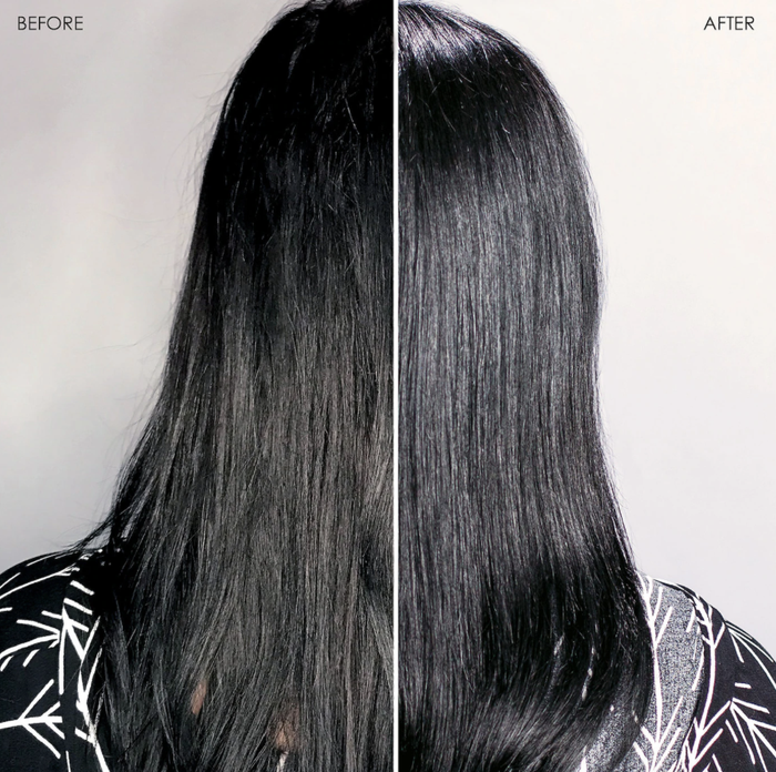 Model demonstrating hair transformation before and after applying the oil