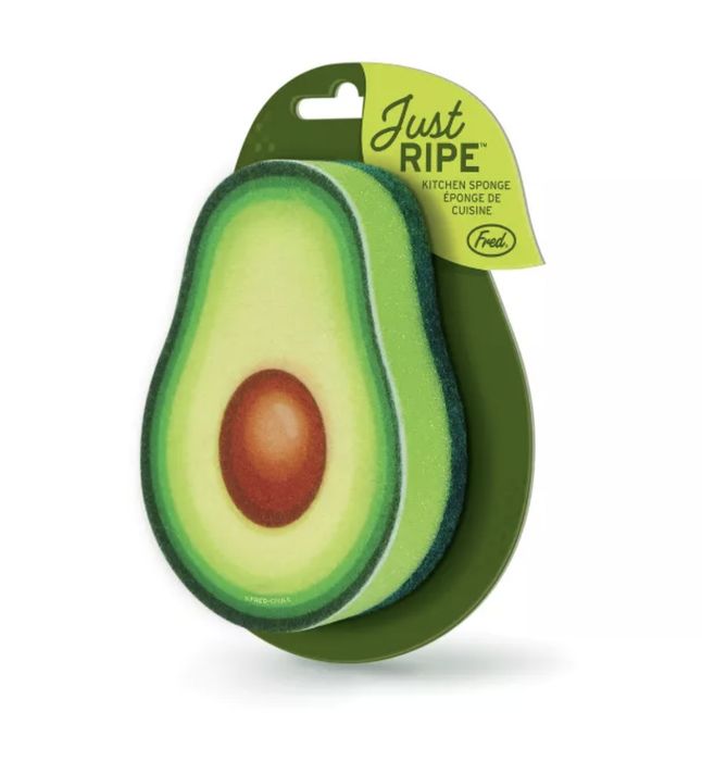 An avocado-shaped sponge neatly packaged.