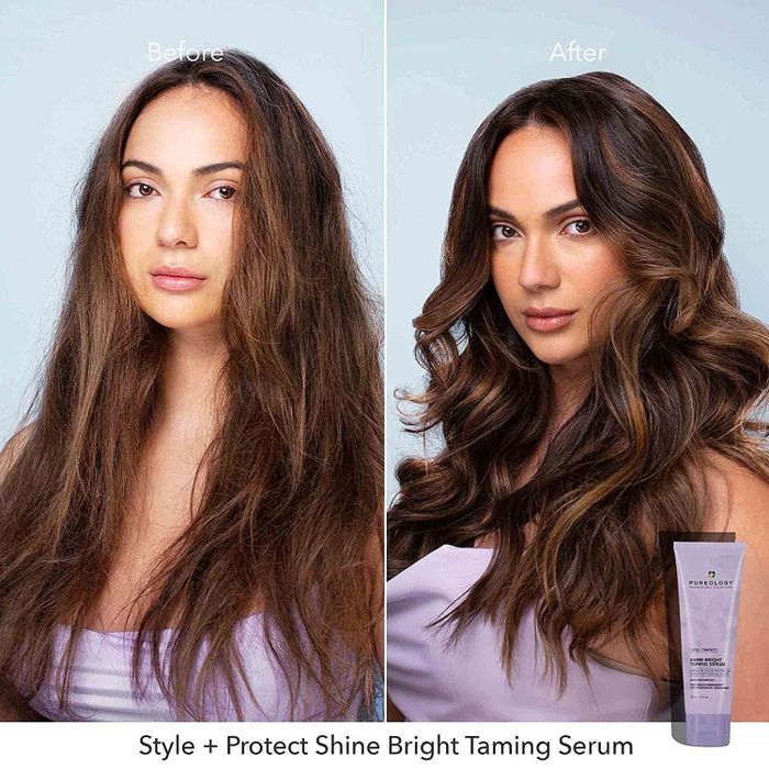 Model showcasing hair before and after applying the product