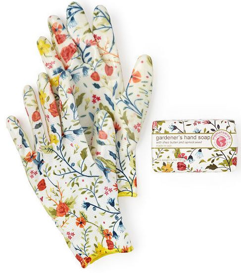 The gardening gloves and hand soap displayed together.