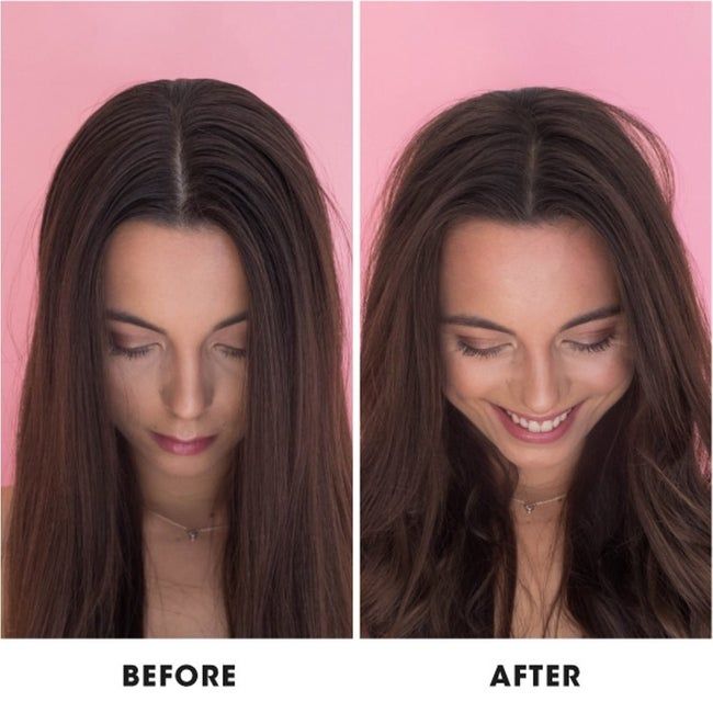 A model with greasy roots before, and then with fresh, voluminous roots after applying the product.