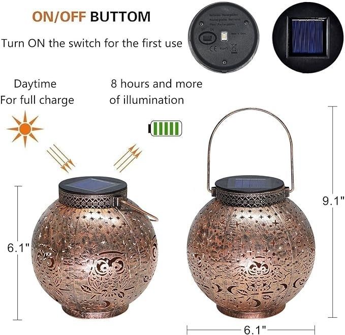 A solar-powered LED lantern with a stylish metal design, featuring an on/off switch and provided with size dimensions.