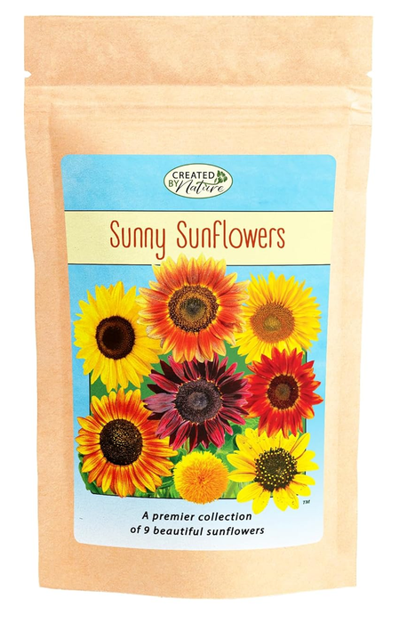 A packet of 'Sunny Sunflowers' seeds, showcasing a variety of sunflower types for gardening enthusiasts